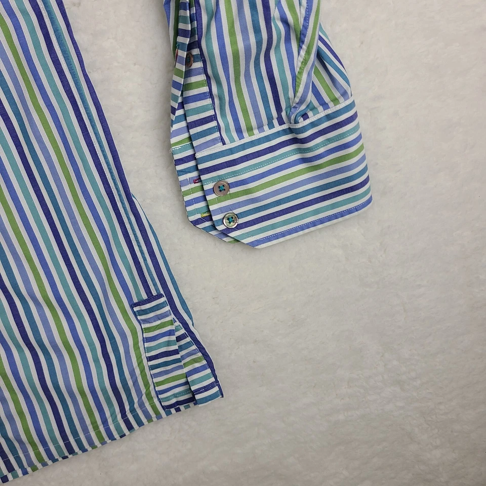 Alexander Julian Private Reserve Shirt Mens XL Blue Green Striped Button Up - Image 2 of 4