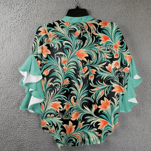 Womens 3/4 Length Sleeves Floral Shirts Ruffle Sleeve Tops Button V Neck Blouse - Picture 4 of 36