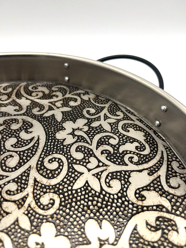 WH Portugal Embossed Metal Tray w Scroll Handles Silver Tone Black 13.75" Dia - Picture 2 of 7