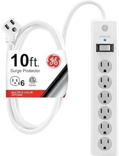 GE 6-Outlet Surge Protector 10 Ft Extension Cord Power Strip 800 Joules Flat ...