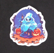 Ghost With Haunted House Halloween Sticker 2" x 1.75" AG 