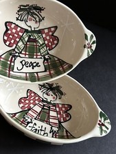 2 Studio Art Oval Bowls Angels Faith Peace Artist Signed 2002