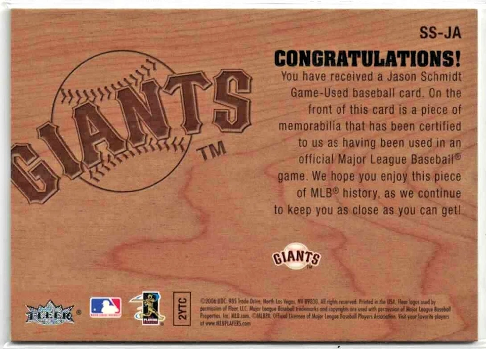 Tarjeta de camiseta 2006 Flair Showcase Stitches Jason Schmidt Gigantes de San Francisco MLB Foto 2 de 2