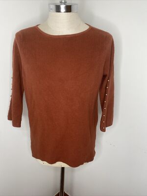 Chico's Womens Sweater 3 XL Rust Burnt Orange 3/4 Sleeve Gold Beads Dolman