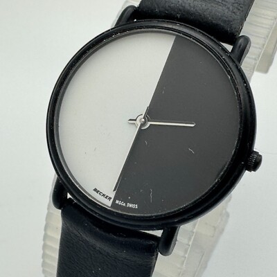 Vintage Becker Swiss Quartz Watch Unisex Black White Leather Analog New Battery