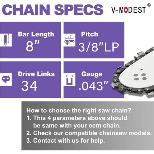 3PCS 8" Chainsaw Chain Blade For DEWALT 20V MAX Pole Saw 3/8"LP .043" 34DL - Picture 2 of 7