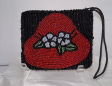 Vintage Hand Beaded Red Hat Zip MINI Coin Purse Purple Flowers Wristlet