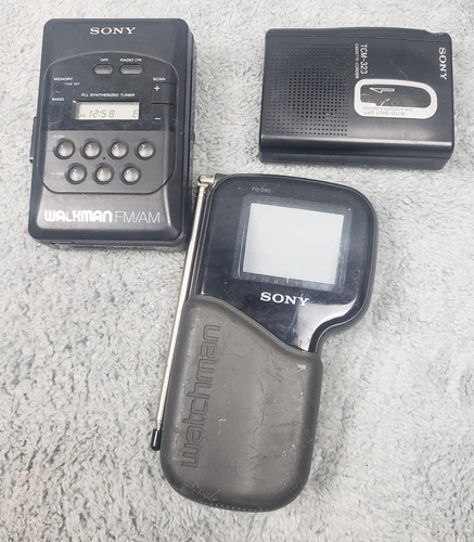 Vintage Sony Lot of 3 Walkman WM-F2031, Watchman FD-280 & Cassette TCM-323