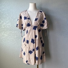 Free People Blue Floral Mini Dress Boho V Neck Flutter Sleeve Size 4