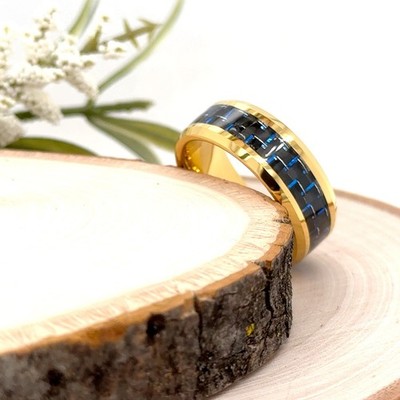 8mm Gold Tungsten Carbide Ring Blue Carbon Fiber Inlay Christmas Gift Women Band