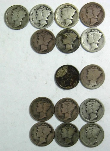 1917-P, 1917-D, 1917-S MERCURY DIME - TEN CENTS - LOT OF 15 - SILVER