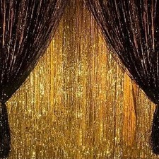 2PCS 3' X 8' Black and Gold Metallic Tinsel Foil Fringe Curtain Backdrop for ...