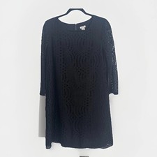 Womens J.CREW Black Eyelet Overlay 3/4 Sleeve Shift Dress Size 8