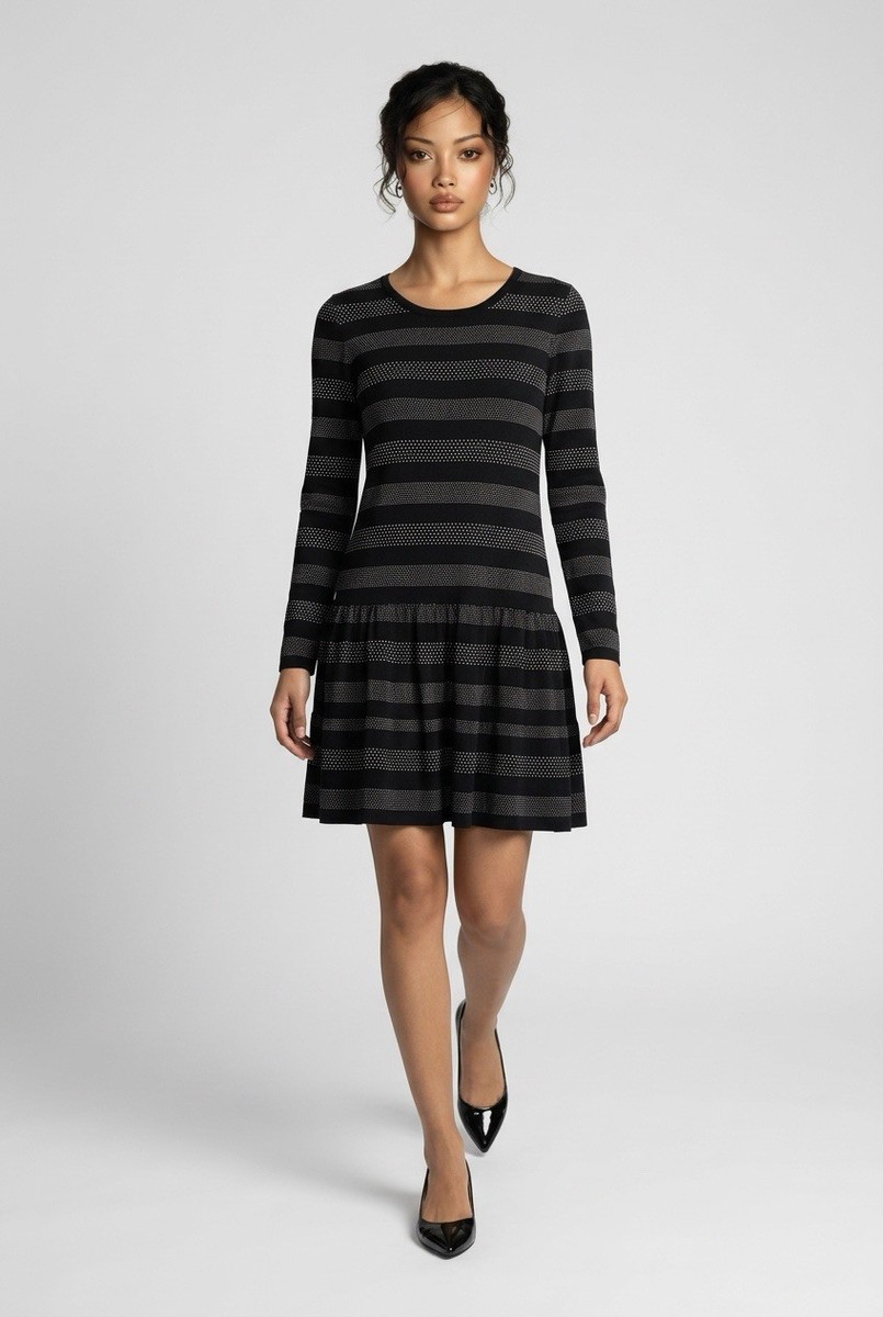 Michael Kors Black Polka Dot Stripe Dress Long Sleeve Drop Waist Ruffle  Size L