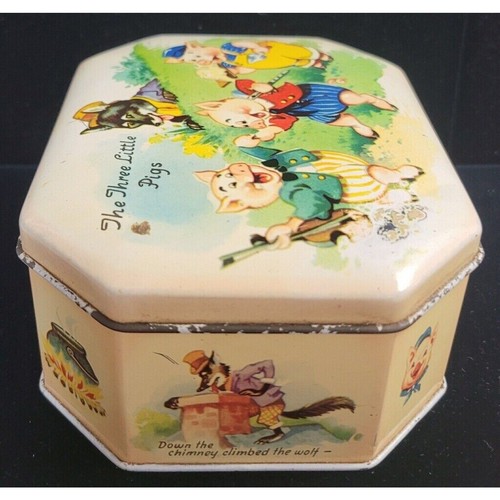 Vintage 1946 Litho Three Little Pigs Candy Tin with Lid – Metal Box Co., England - Picture 2 of 9