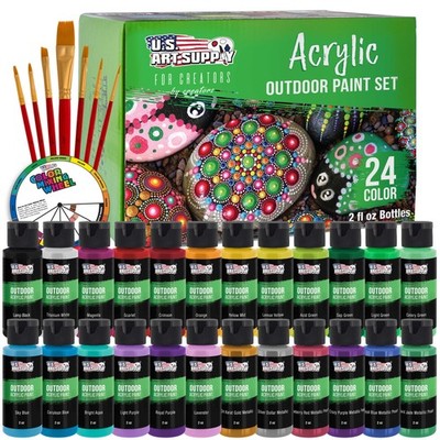 24 Color Outdoor Acrylic Paint Set - 2 Ounce Flip Top Bottles & Brush Set