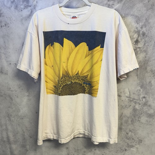 Vintage 90s Sun Flower T Shirt Mens XL 23x26.5 White Short Sleeve Nature