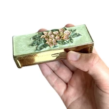 Argento SC Lipstick Case And Mirror Compact Brass Pink Enamel Swarovski Gold