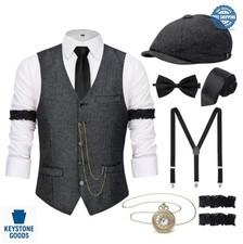 1920s Men Costume Set Roaring 20s Gatsby Gangster Outfit Fedora Hat Vest