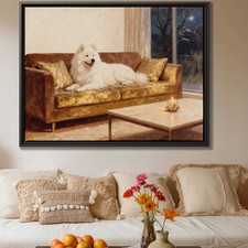 Oil Painting Dog Samoyed Canvas Print Framed Dog Artwork Living Room Decor