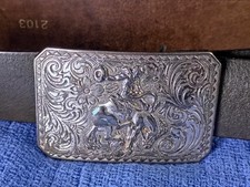VTG Bucking Bronco w Cowboy Silver Tone Belt Buckle w Leather Belt