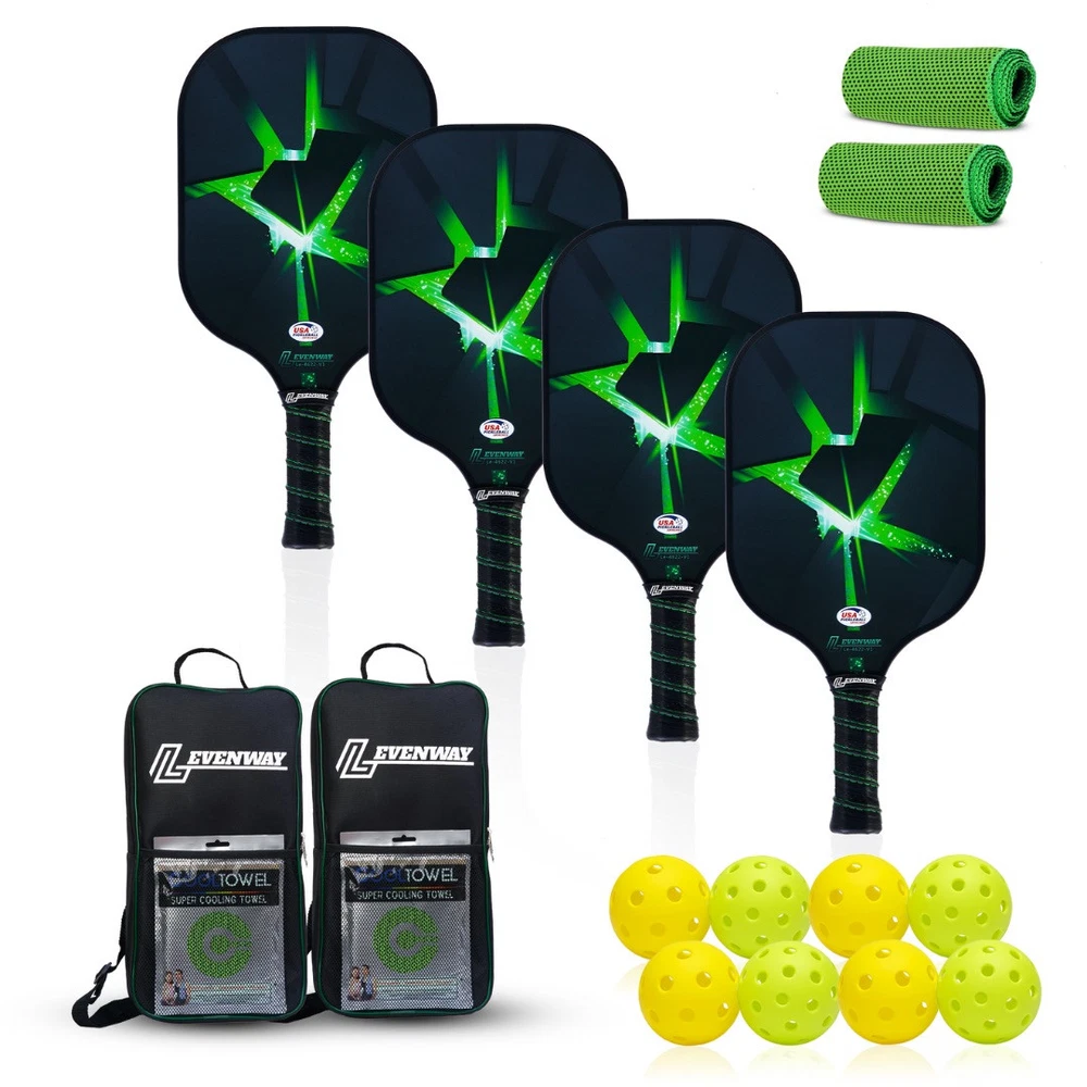 Pickleball Paddles Set of 4– USAPA Approved Fiberglass Rackets with 8 Balls.