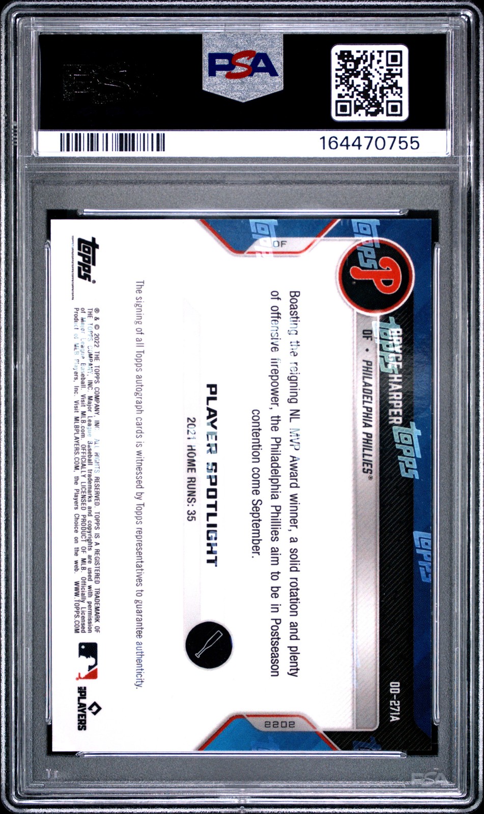 PSA 9 Bryce Harper 2022 Topps Now #271A Opening Day Auto Rare Trading Card view 2