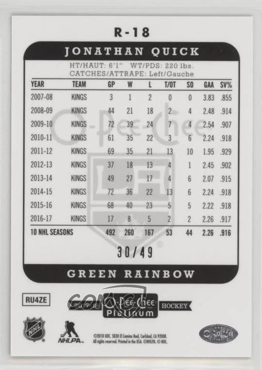 2017-18 O-Pee-Chee Platinum Retro Green /49 Jonathan Quick #R-18 - Image 2 of 2