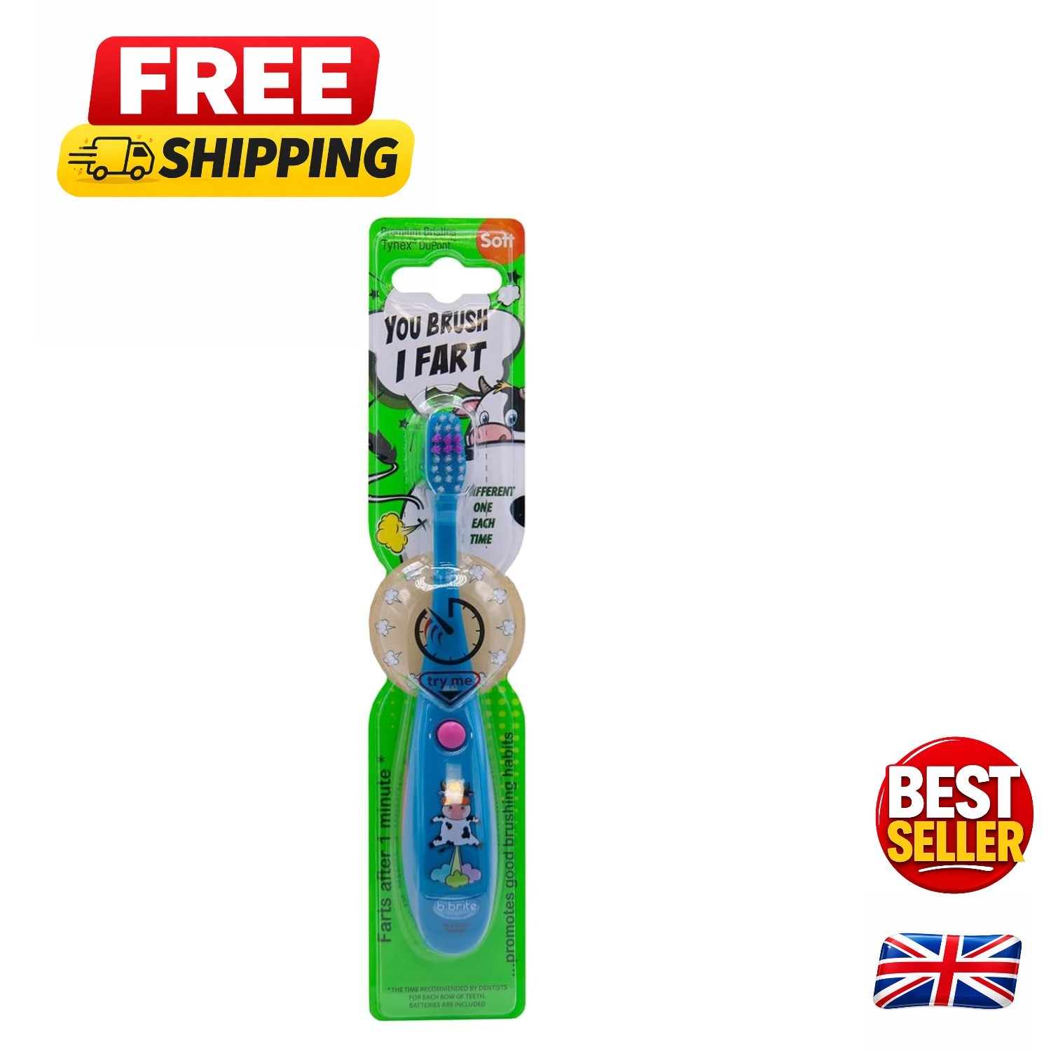Playful Fart Sounds Kids Toothbrush - Encourages Brushing with Timer, Blue Cow
