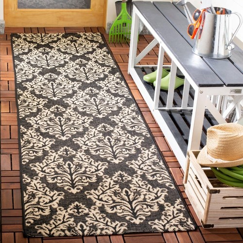 Courtyard Collection 2'3" x 10' Black/Cream CY6930 Indoor/ Outdoor Waterproof...