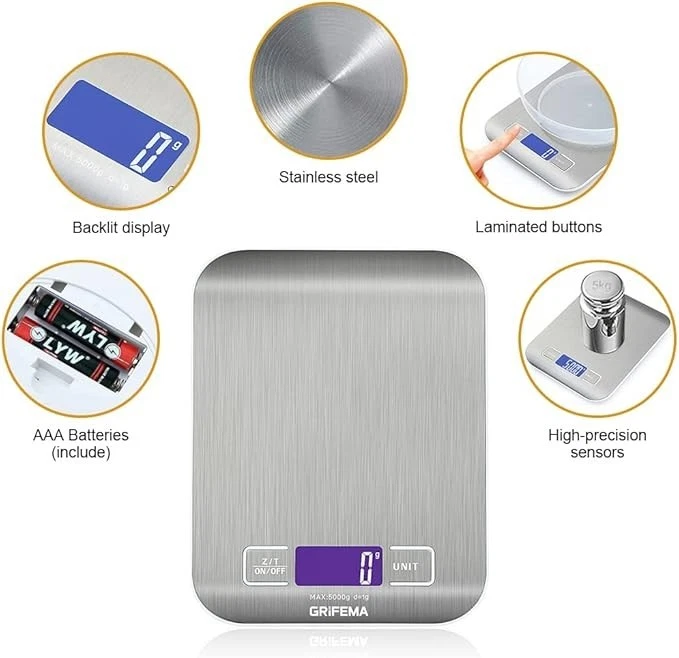 GRIFEMA GA2002 Bilancia da Cucina Smart Digitale con Funzione Tare,5kg/11 lbs - Immagine 4 di 4