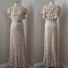 1930s antique cream floral lace maxi ruffled formal gown Bridal Day Dress