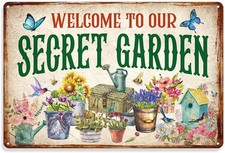 Tin Metal Signs Welcome to Our Secret Garden Sign -Metal Garden Plaque for Women