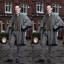 Gray Wool Men's Overcoat with Cape British Outdoor Casual Winter Warm Long Coat