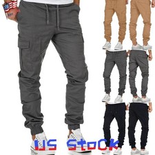 Mens Cargo Combat Work Trousers Elasticated Waist Pocket Cuffed Joggers Pants US