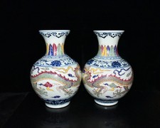 12.6" China Old Classic Ming Xuande Mark Porcelain Wucai Dragon A Pair Vases