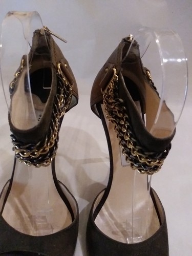 JIMMY CHOO pumps size 40 KHAKI suede Leather Open toe ankle strap chain belt - Picture 11 of 12
