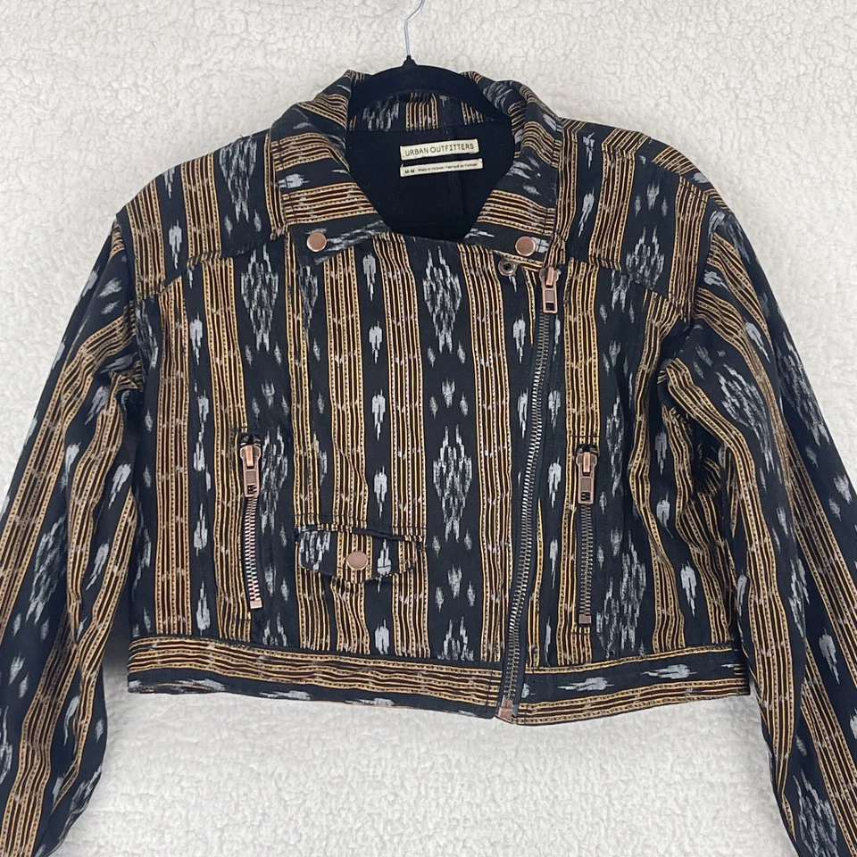 Chaqueta de Moto Urban Outfitters Mujer Mediana Ikat Rayas Negra Amarilla Manga Larga Foto 2 de 4