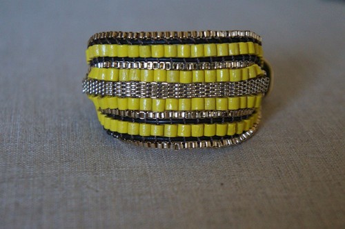 NEW Jenny Bird Gypset Cuff Wrap Gold Chain & Bead Bracelet Leather Crd Yellow - Picture 5 of 7