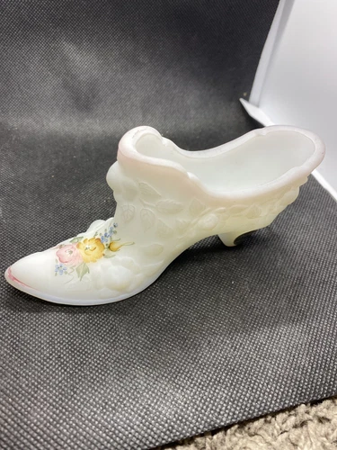 Fenton Glass Opal Satin  Handpainted Floral Shoe Slipper