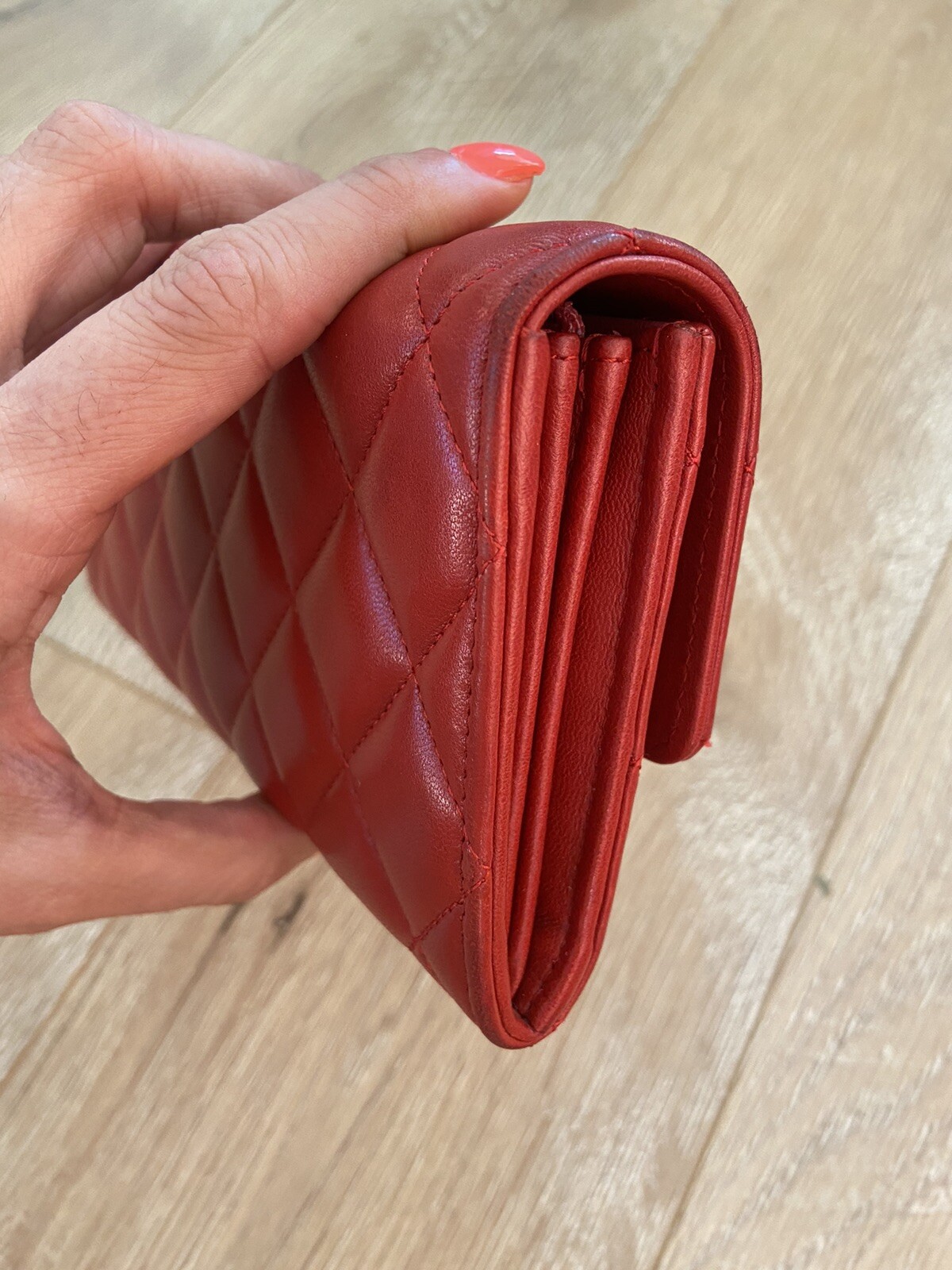 Authentic Chanel Red Lambskin Quilted Leather Wallet Gem