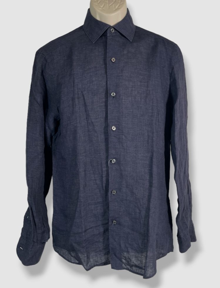 $445 Zegna Men's Blue Classic-Fit Linen Sport Shirt Size S | eBay