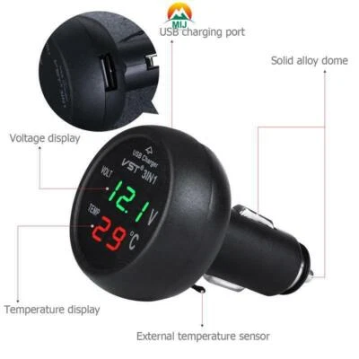 3 in 1 Autoladegerät LCD Voltmeter Thermometer Zigarettenanzünder Car Charger