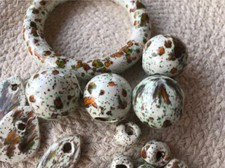 SALE Vintage Lot of 14 Speckled Macrame Beads, Leaf Beads and Ring