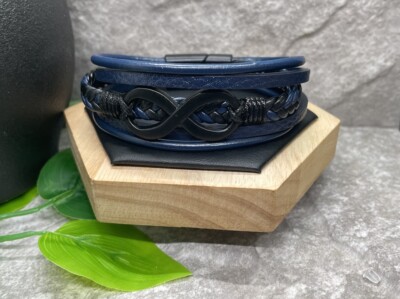 8.5  Punk Goth Bracelet Black Blue Infinity Leather Braided Lock Wristband B3755