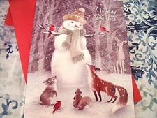 NEW Box 14 SNOWMAN FOREST FRIENDS CHRISTMAS CARDS FOX DEER BUNNY Bird GLITTER 