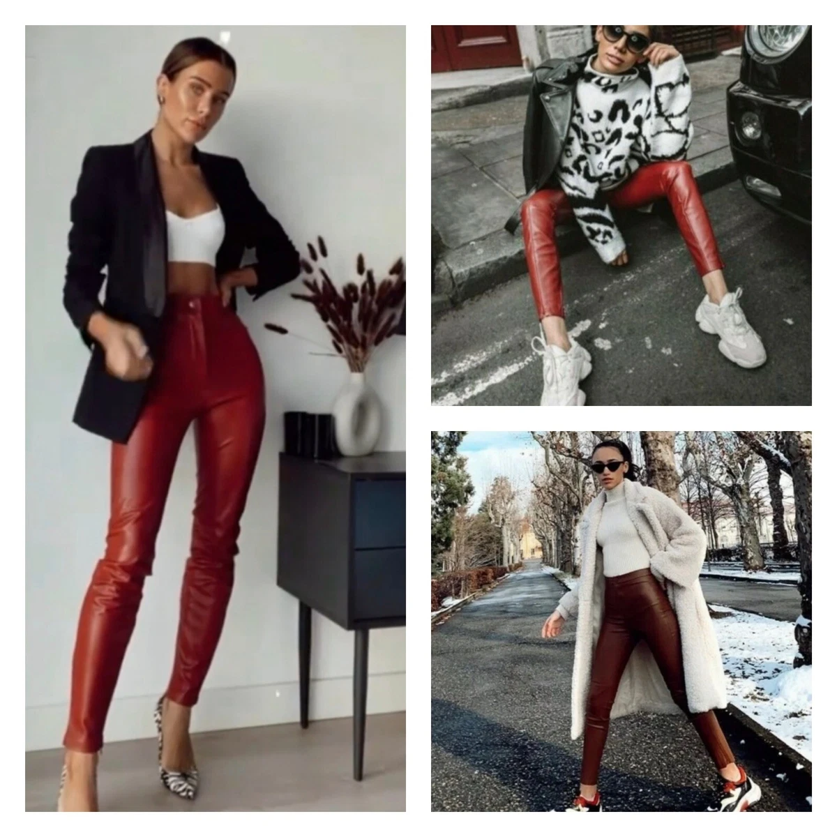 Zara Red Faux Leather High Rise Leggings Womens XS Blogger Favorite Holiday