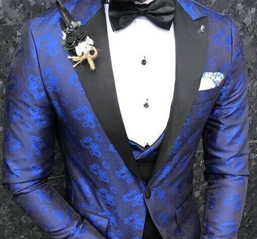 Traje De Novio Slim Fit De Satén Negro Con Diseño Floral Azul