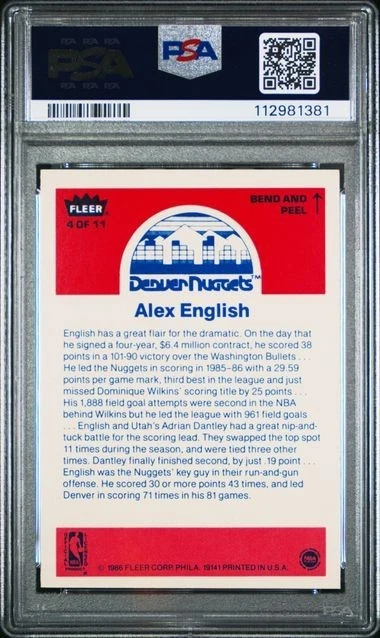 Pegatina Fleer 1986 Alex inglés #4 PSA casi nueva 7 Foto 2 de 2