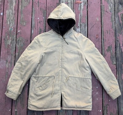 VTG 50s/60s UTILITARIAN Faux Fur Lined Khaki Jacket.Emar Zipper 
